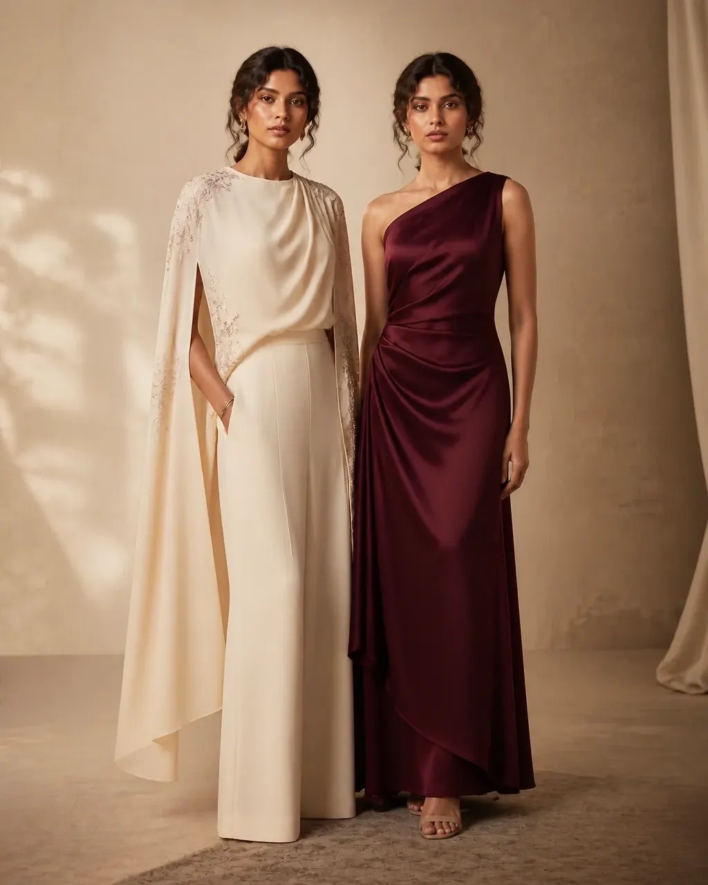 Two women in contemporary cape sets and saree-inspired gowns