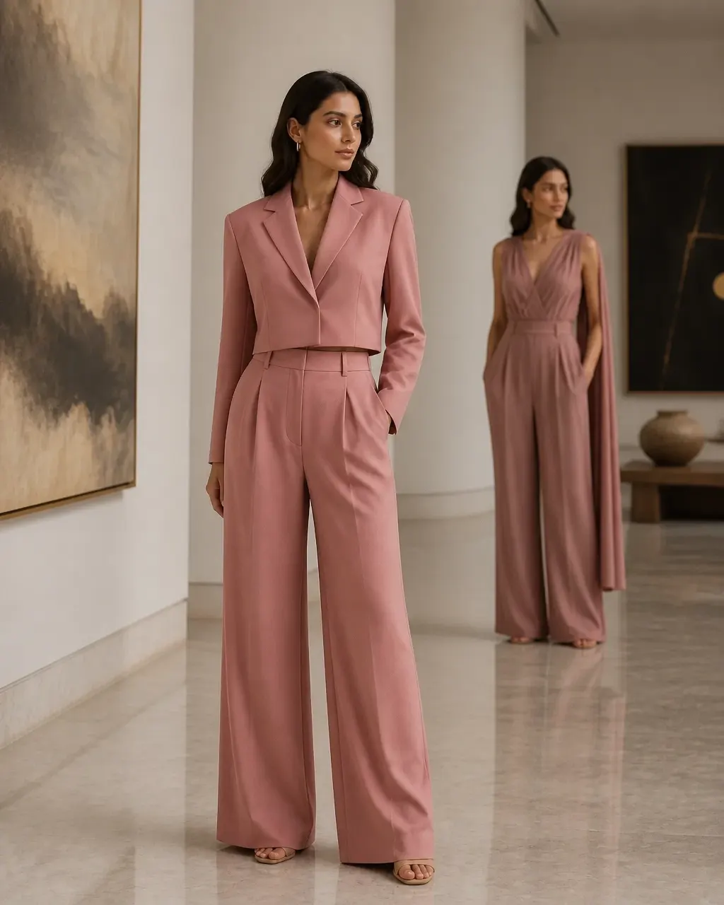 Woman wearing a dusty-rose contemporary co-ord in a modern gallery setting