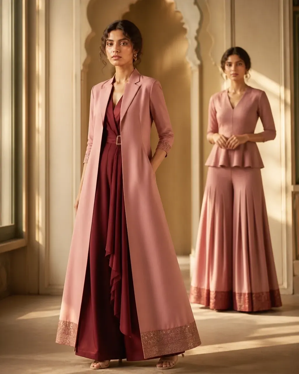 Woman wearing a tailored long jacket over a fluid Indo-Western dress
