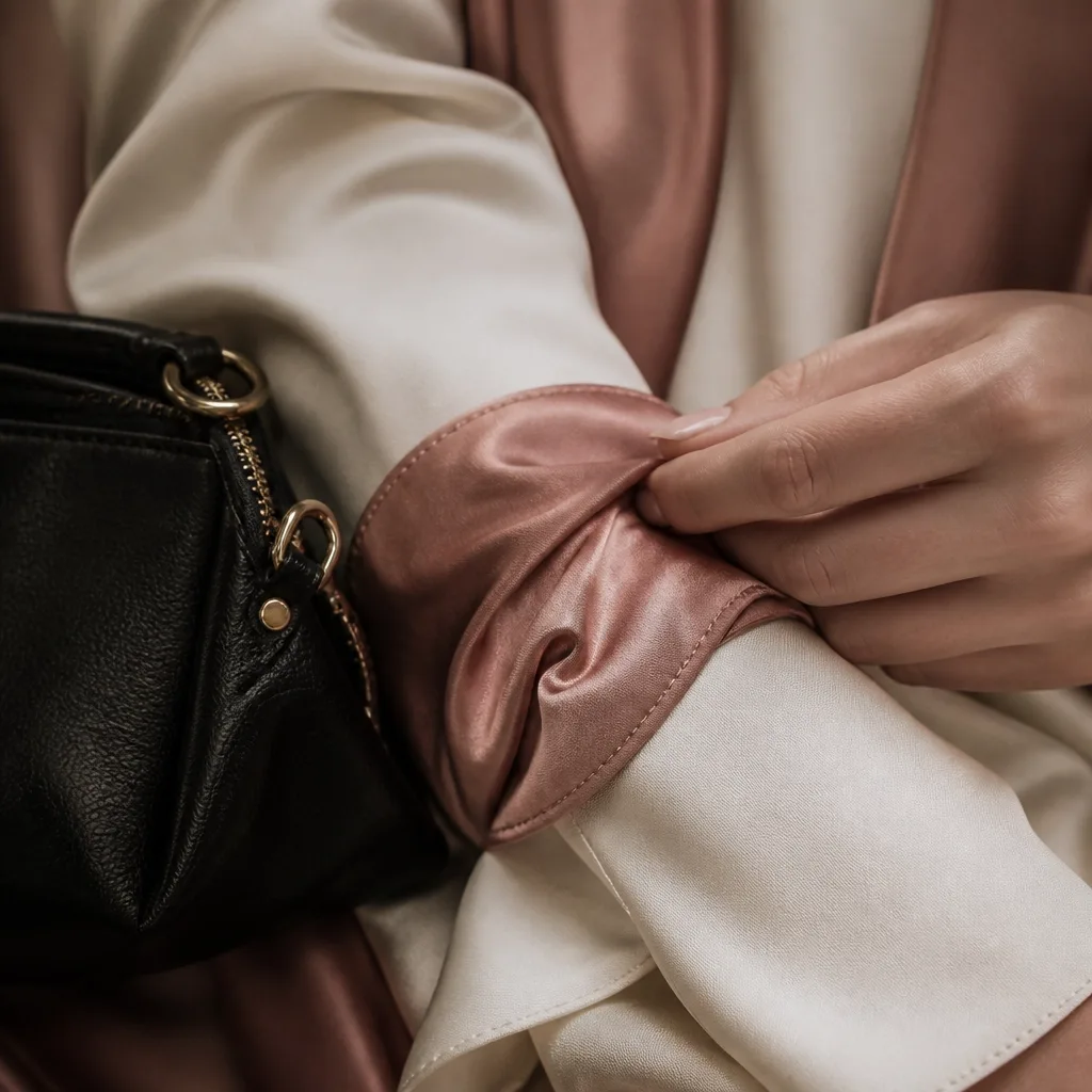 Close detail of rose satin, ivory fabric, and a black leather accessory